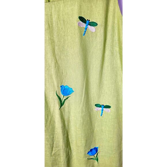 AKC VTG linen 2pc dress short sleeve jacket women's size L lime green dragon fly - Picture 4 of 16